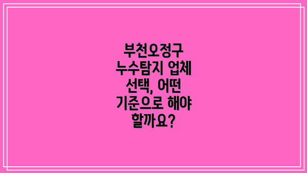 부천오정구 누수탐지 업체 선택, 어떤 기준으로 해야 할까요?